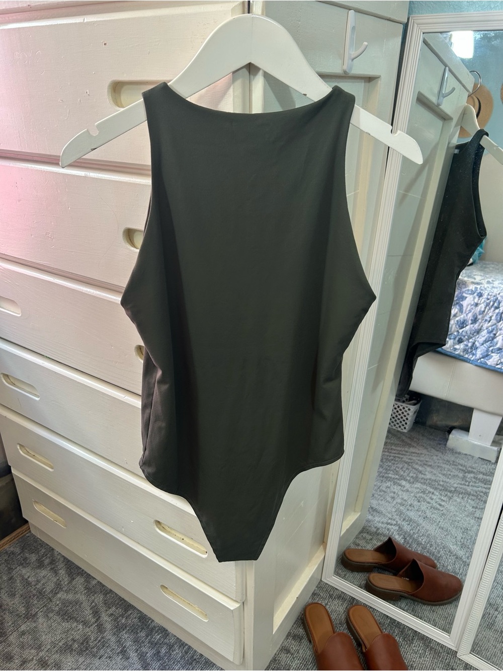Olive Green sculpting Tank Bodysuit Layering Summer Deep Sage High Neck Stretch✨ - Picture 6 of 7